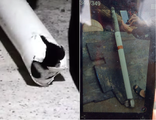  图为事故现场留下的白色铁管（左）和村民手机拍摄的未爆弹（右）