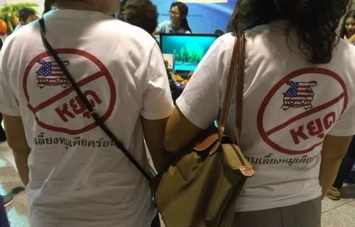 点击查看大图 泰国猪农自去年6月以来多次抗议美国贸易政策,图为两位身穿“抵制美国猪肉”的泰国民众 图自曼谷邮报