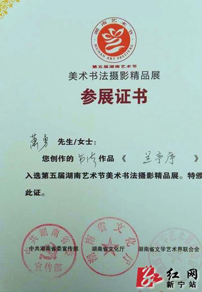 新宁萧勇书法作品入选湖南艺术节美术书法摄影