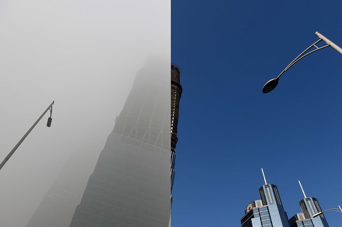 雾霾中的一栋摩天大楼（网页截图）