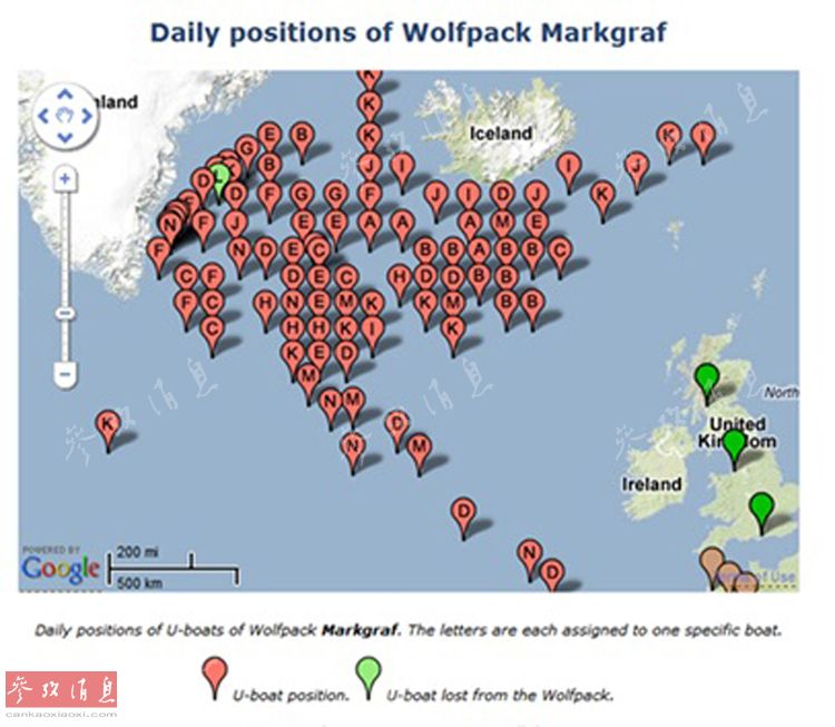 图为狼群战术高峰时，德国“海狼”部队在大西洋的活动分布图，图上每个红色字母都代表一艘U艇，绿色代表狼群中损失的U艇。
