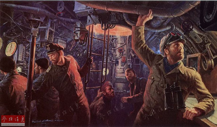 图为艺术家绘制的二战时期，德国U艇指挥室内部场景。