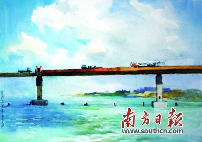 罗宗海水彩作品《建设中的南澳跨海大桥》.