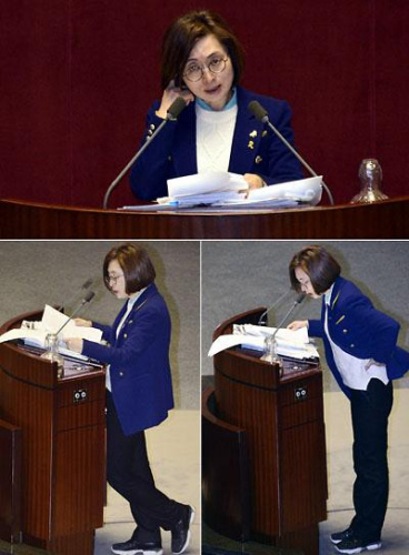 资料图：韩国共同民主党议员殷秀美从当地时间24日凌晨2时30分起，连续进行演说10小时18分钟。
