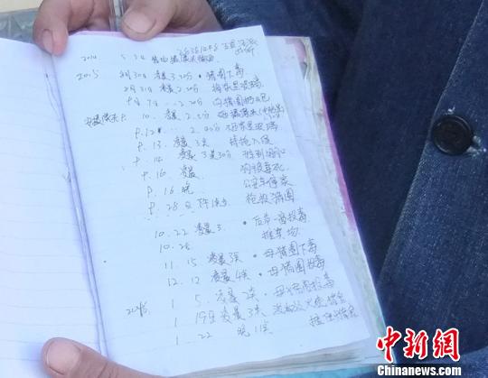 马妻的笔记本上准确的纪录了家里和养殖场被骚扰的时间，准确到分。 吴扬 摄