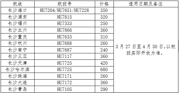 海南航空长沙航线换季推出特价机票 最低240元