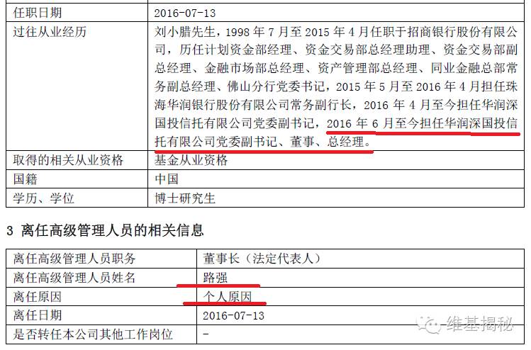 华润信托总经理路强(华润元大基金董事长)离职