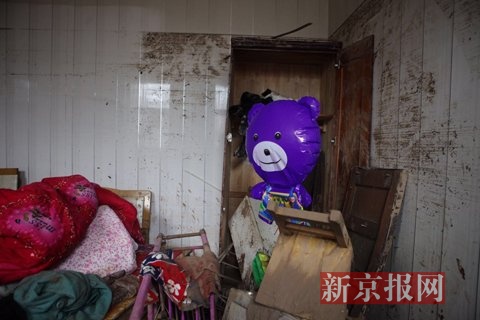 洪水过后，张苏辉家的屋子，小梓阳生前最喜欢的紫色重启小熊立在屋子一角。新京报记者 王嘉宁 摄