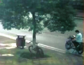 约十秒钟后，看有人路过，男子停止锯树，坐回摩托车看手机。