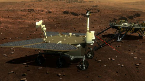 图说:这是火星车与着陆巡视器外观设计构型图。火星车有4个“大翅膀”——太阳能电池板。新华社发(国防科工局探月与航天工程中心供图)