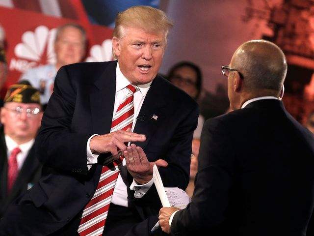 9月7日，美国共和党总统候选人特朗普（中）在纽约曼哈顿举行的“总司令”国家安全主题论坛活动上回应主持人提问。（图片来源：新华）