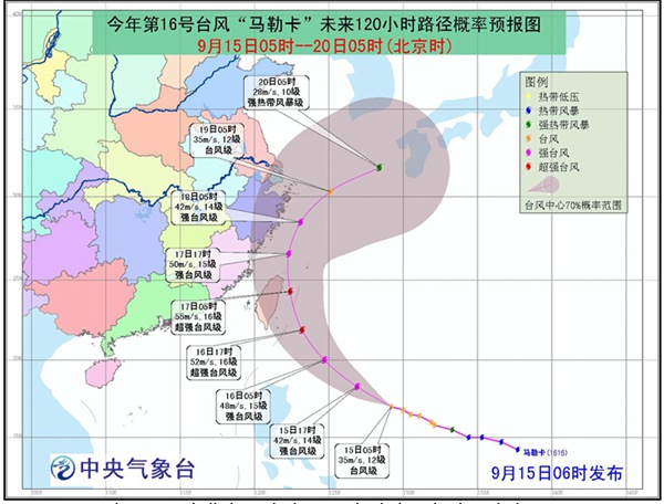 今年16号台风马勒卡将向台湾以东洋面靠近|