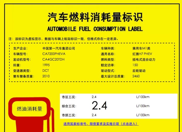 综合油耗2.4L/100km 红旗H7 PHEV新消息