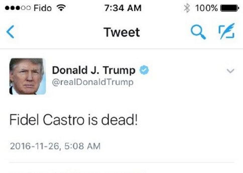  美国候任总统特朗普在社交媒体上发布了卡斯特罗的死讯相关信息。