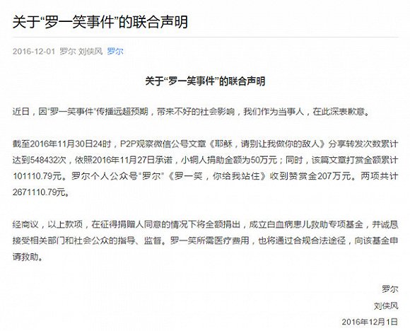 罗尔刘侠风致歉:267万善款将全额捐出成立专项