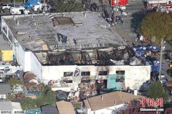  当地时间12月4日，奥克兰市31大街仓库。2日深夜，名为“幽灵船”的一间艺术家租用的仓库举行音乐晚会，突发火灾，奥克兰警方4日表示，死亡人数已上升至33人。