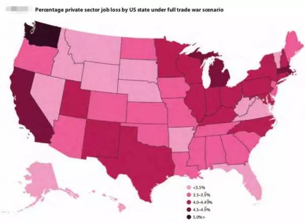 ▲全面贸易战情况下，美国各州私营部门损失的就业比率