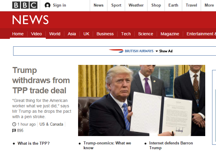 全球头条丨美国正式退出TPP,英国首相特蕾莎