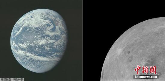 资料图：左图为1969年7月16日，阿波罗11号执行任务中，10000海里以外拍摄的地球景象；右图为1969年7月21日，阿波罗11号执行任务时拍摄的月球表面图像。