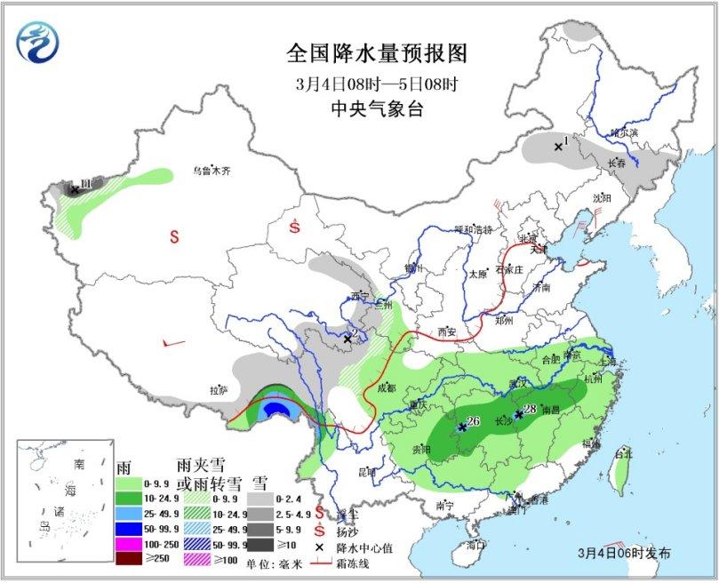 　图1 全国降水量预报图（4日08时-5日08时）