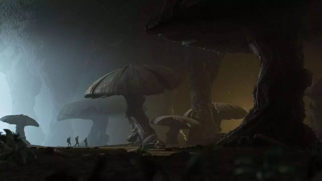 08版《地心游记》，主角在地底不仅遭遇巨大恐龙，发现菌类植物也呈巨大化