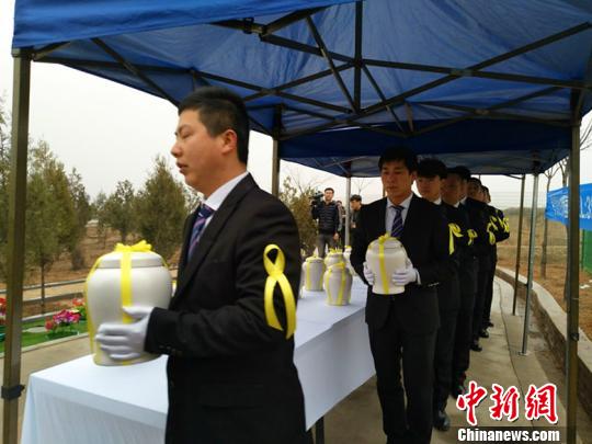图为:礼毕后,礼仪师捧起骨灰坛,走向安葬区。 刘小红 摄