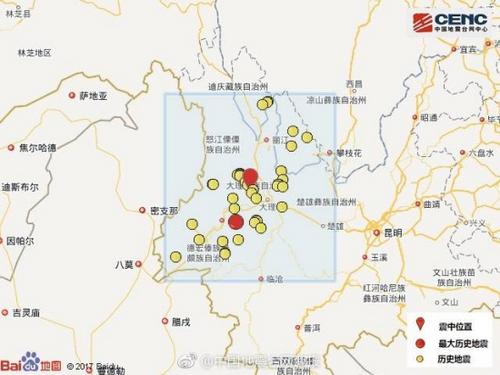 此次震中周边按震级大小前50次历史地震分布如图　中国地震台网