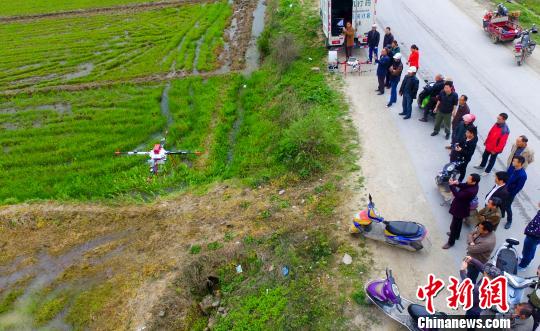 3月28日,江西省新余市农机管理站组织技术人员现场演示植保无人机喷洒作业。 赵春亮 摄