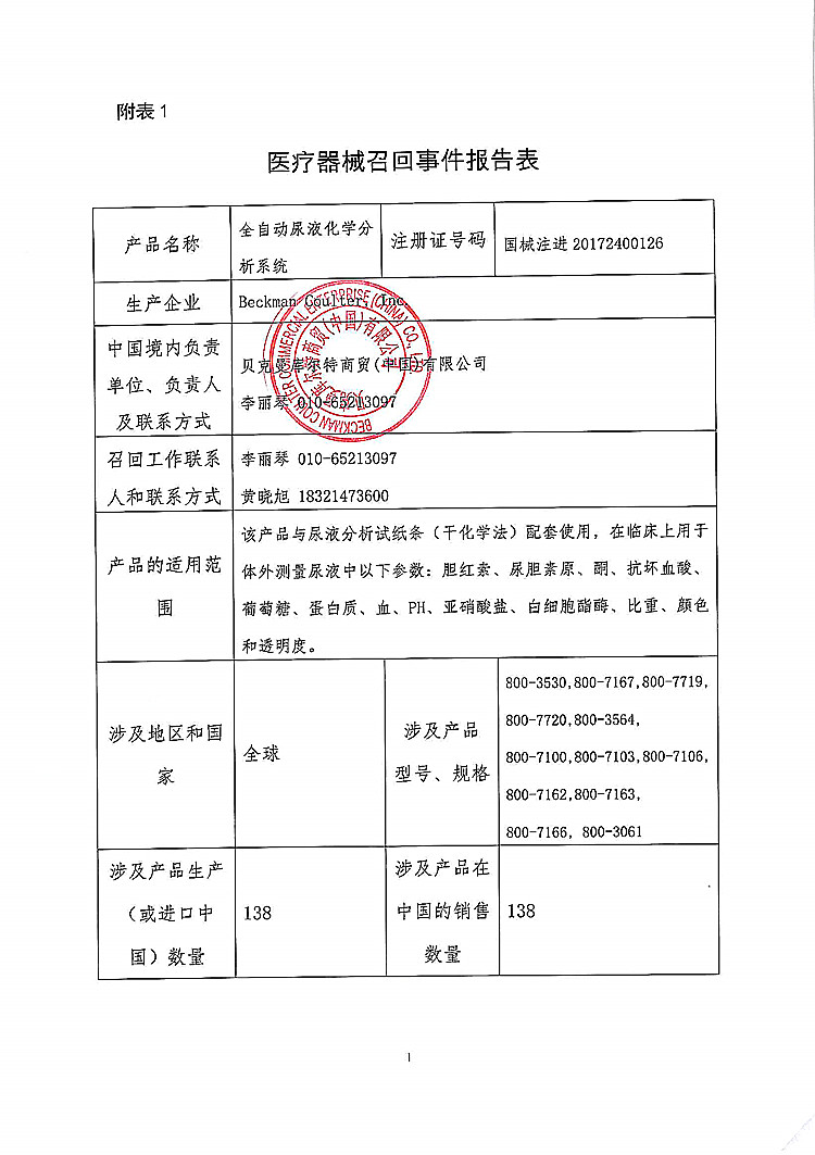 贝克曼库尔特商贸(中国)有限公司对全自动尿液