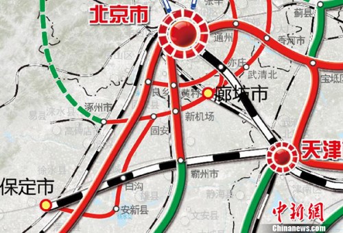 京津冀地区城际铁路网规划示意图。来自国家发改委网站