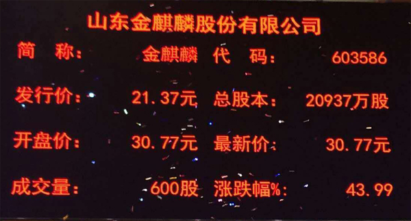 德州首家沪市主板上市民企金麒麟首日开盘涨幅