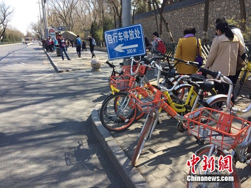 共享单车停放无视指示牌。中新网 吴涛 摄