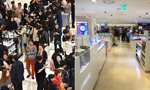 首尔免税店去年11月中旬和今年3月9日对比。视觉中国 资料