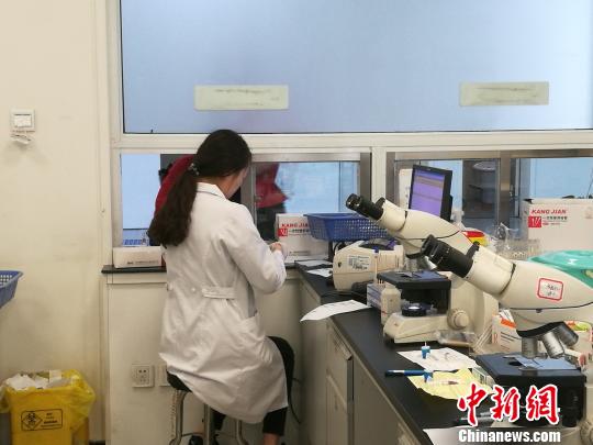图为医生收取体液。　张枭 摄