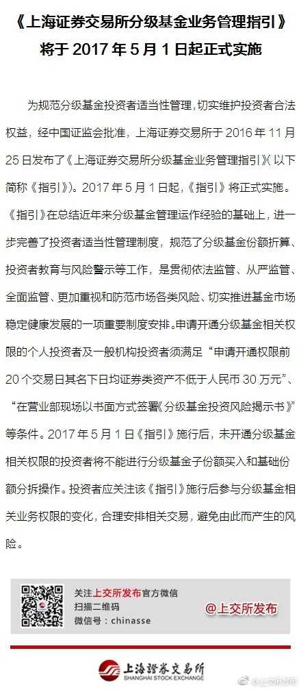 上交所分级基金业务管理指引将于5月1日起正