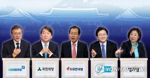 　韩国“五大党派”候选人，左起依次是文在寅、安哲秀、洪准杓、刘承旼、沈相奵。(图片来源：韩联社) 