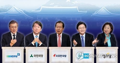 资料图片：左起依次是文在寅、安哲秀、洪准杓、刘承旼、沈相奵。（图片来源 韩联社）