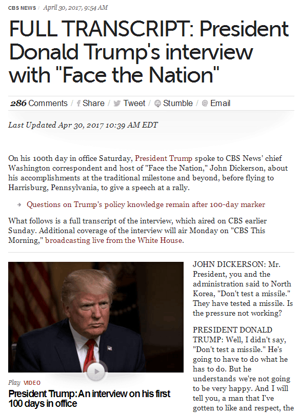 图注:哥伦比亚广播公司(CBS)对美国总统特朗普的专访于当地时间30日刊登。