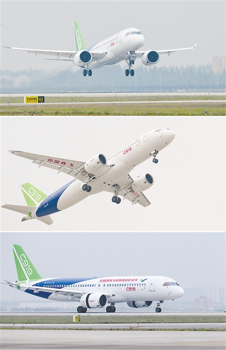 C919在上海浦东国际机场起飞、升空、落地的瞬间 新华社 图