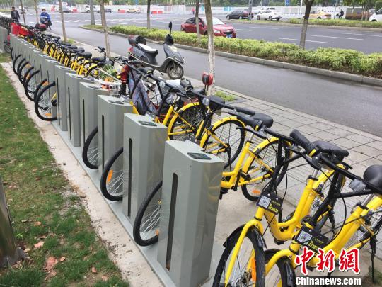 资料图:停在公共自行车停车桩上的共享单车。 孙权 摄