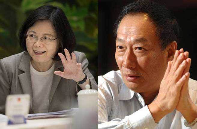 蔡英文(左)、鸿海集团董事长郭台铭(右)。（图片来源：台湾《中时电子报》）