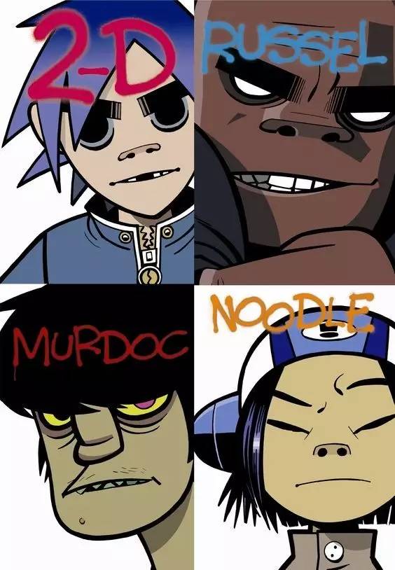 gorillaz一共四名成员,分别是主唱兼键盘的2-d,团长兼贝斯murdoc