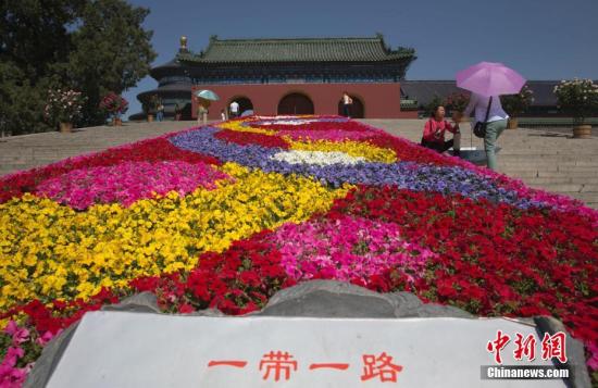 北京市属公园为“一带一路”国际合作高峰论坛共布置了十余处“花境丝路”主题花坛。中新社记者 刘关关 摄