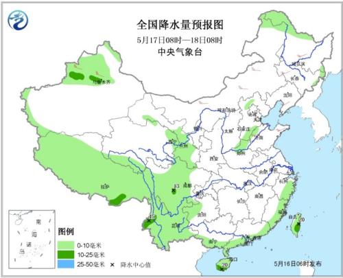 图2 全国降水量预报图（17日08时-18日08时）