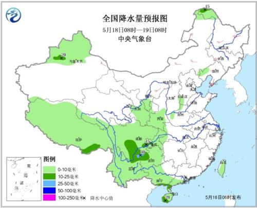 图3 全国降水量预报图（18日08时-19日08时）