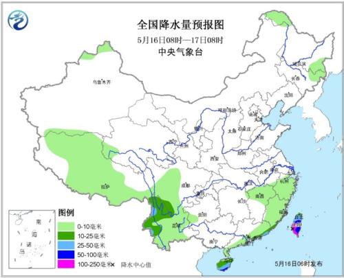 图1全国降水量预报图（16日08时-17日08时）