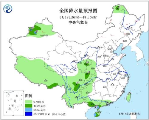 图2 全国降水量预报图(18日08时-19日08时)