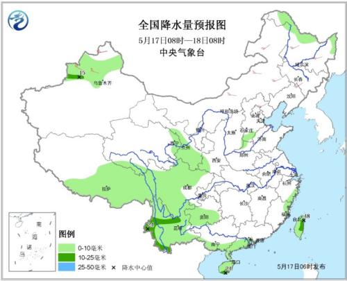 图1全国降水量预报图(17日08时-18日08时)