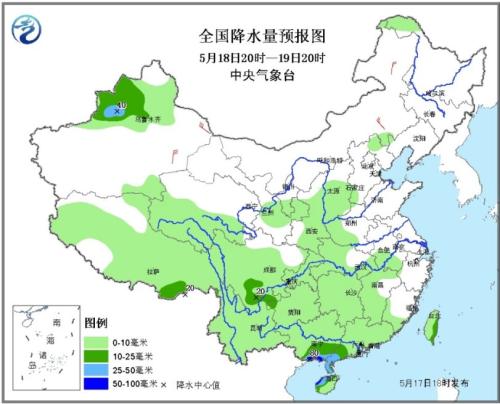 图3 全国降水量预报图（5月18日20时-19日20时）
