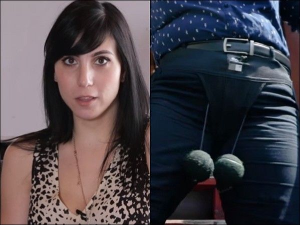 妹子吊2颗假蛋蛋体验男生的一天!